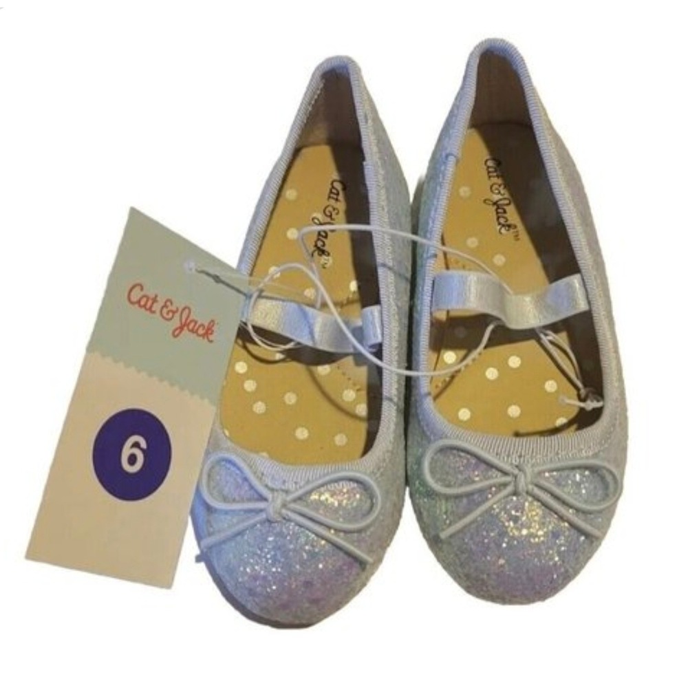 Cat & Jack Toddler Girls Silver Lily Glitter Ballet Flats Bow Strap Shoes Size 6